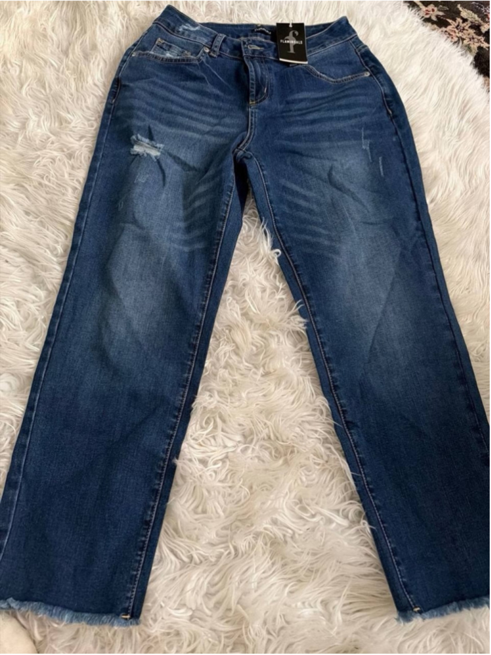 Flamingals Raw Hem Ripped Mid Waist Straight Leg Crop Jeans M